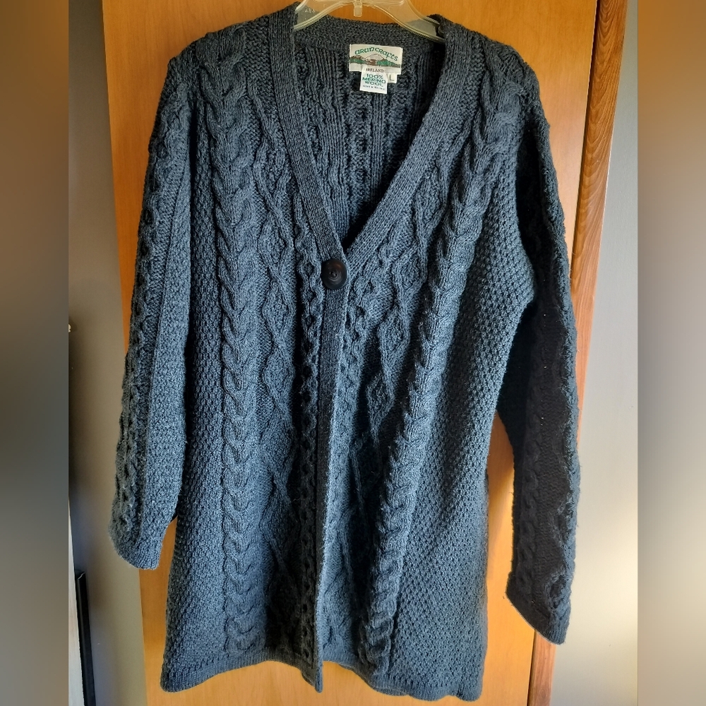 Aran Crafts Charcoal Wool Cable Cottagecore Grannycore Made In Ireland Cardigan